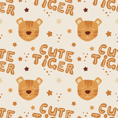 Cute tiger with lettering phrase cute tiger on a beige background. Seamless pattern, texture, backdrop. Vector illustration. Concept for wrapping paper, scrapbooking, decoration, nursery room.