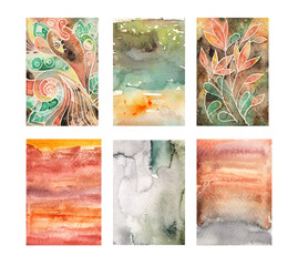 Abstract watercolor set of Hand Drawn Universal Cards. Design for Flyers, Placards, Posters, Invitations, Brochures. Artistic Creative Templates. 