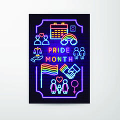 Pride Month Neon Flyer. Vector Illustration of LGBT Promotion.
