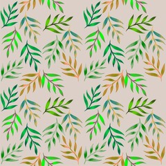 Seamless pattern with green exotic leaves on beige background .