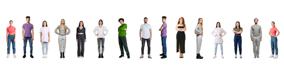 Collage. People, men and women, of different age in casual cloth standing in a line isolated over white background