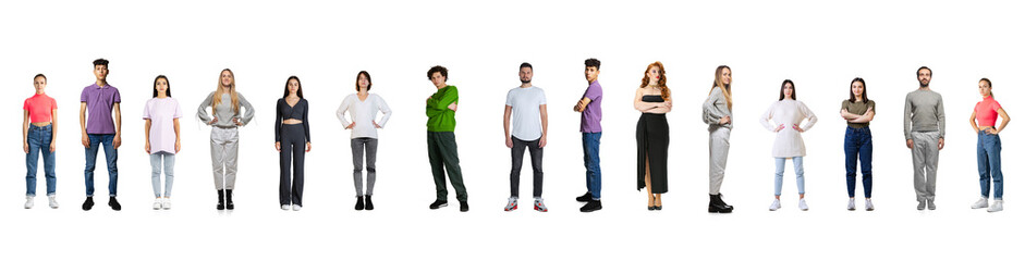 Obraz premium Collage. People, men and women, of different age in casual cloth standing in a line isolated over white background