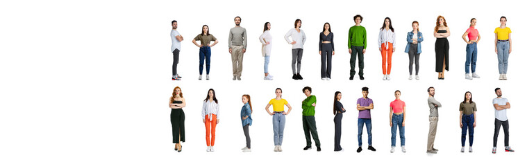 Obraz premium Collage of young people, men and women, of different age in casual cloth standing in two lines isolated over white background