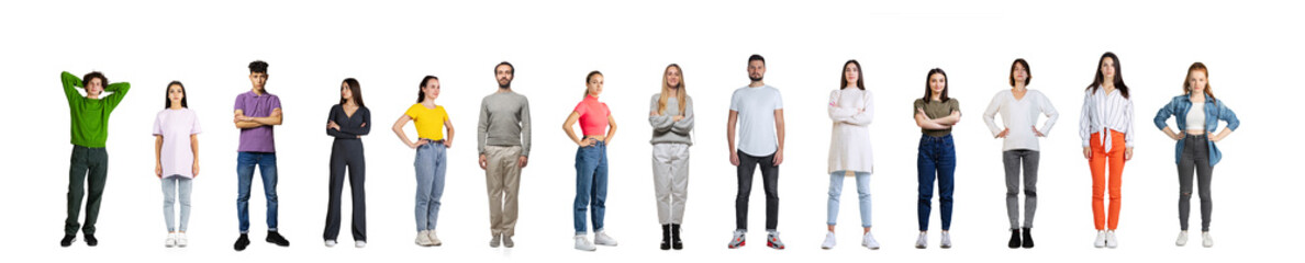 Collage. People, men and women of different age in casual cloth standing in a line isolated over white studio background