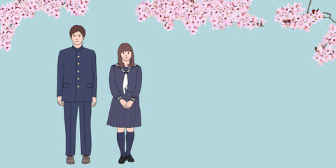 Cherry blossoms, high school boy and high school girl. vector illustration, copy space, web banner, header, sign, poster, flyer, ad, graphic