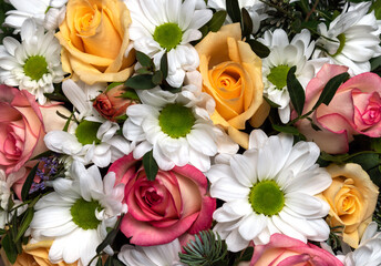 Romantic flower arrangement. Chrysanthemums, roses.floral background. Flat lay top view, copy space, closeup
