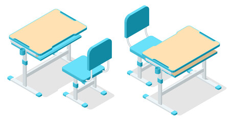 Isometric school desk and a chair isolated on white background. Wooden piece of furniture. Prepareing for test exam or studying lessons of secondary education. Back to school concept