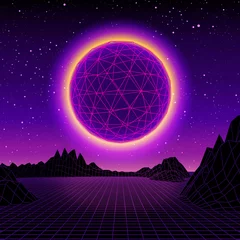 Fotobehang Violet Retro futuristische achtergrondstijl van de jaren 80. Digitaal landschap in een cyberwereld.  © lotus_studio