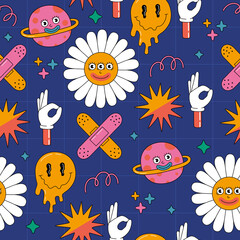 Seamless pattern with various colored abstract shapes and cute funny comic characters flowers, planet. Hand drawn vector clip art illustration isolated on blue background. Modern flat cartoon style