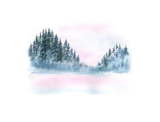 Watercolor winter forest with a frozen river under ice isolated on a white background. Snow-covered trees. Picturesque landscape. Hand drawn illustration
