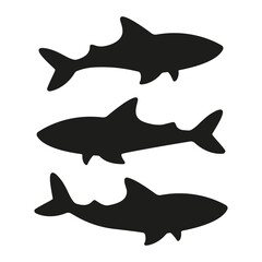 Sharks black silhouettes animals collection. Sharks in different poses set. Group of ocean animals. Vector isolated on white.