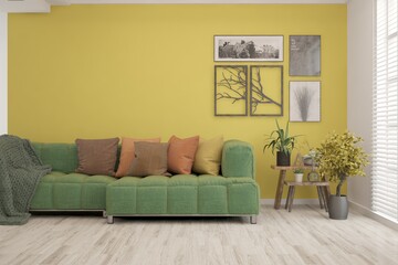 Yellow living room with sofa. Scandinavian interior design. 3D illustration