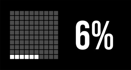 6 percent diagram, six percentage vector infographic. Rounded rectangles forming a square chart. White on black background.