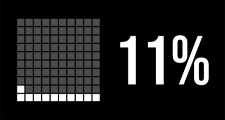 11 percent diagram, eleven percentage vector infographic. Rounded rectangles forming a square chart. White on black background.