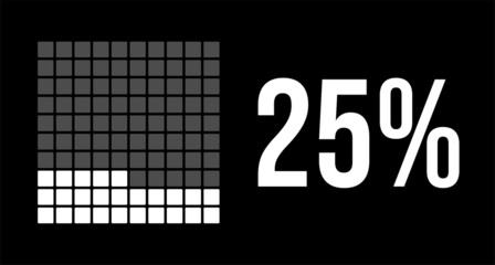 25 percent diagram, twenty-five percentage vector infographic. Rounded rectangles forming a square chart. White on black background. - obrazy, fototapety, plakaty