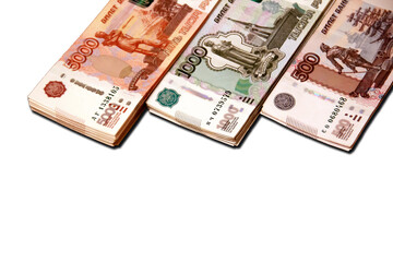 Isolates of banknotes of the Russian currency of different denominations on a white background, sanctions, exchange rate, wealth.