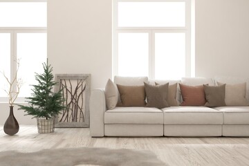 White living room with sofa. Scandinavian interior design. 3D illustration