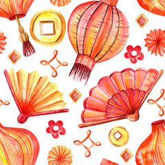 Seamless watercolor pattern with oriental  red lanterns and fans on a white background.