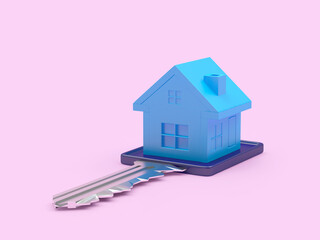 Blue house figurine on a key on pastel pink. 3D illustration 