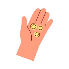 Gold coins in palm. Hands holding cash change for charity and help. Alms, mercy and financial support, aid concept. Contribution and donation. Flat vector illustration isolated on white background