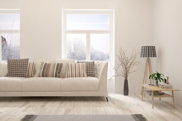 White living room with sofa and winter landscape in window. Scandinavian interior design. 3D illustration