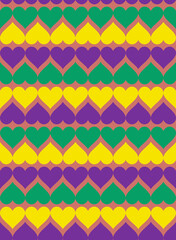 Mardi Gras seamless pattern. Abstract repeating background with green, yellow and purple violet hearts. Vector holiday poster