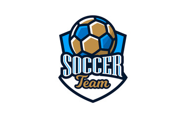 Logo, emblem of soccer. Colorful emblem of the soccer ball on the background of the shield. Football sport club logo template, football team. Badge, icon, ball, shield. Isolated vector illustration