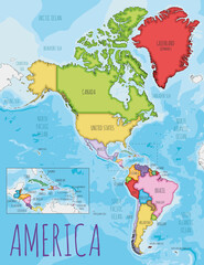 Political America Map vector illustration with different colors for each country. Editable and clearly labeled layers. - 485829484