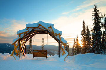 observation deck on the top of the mountain in winter with swings, mountain salanga