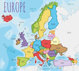 Political Europe Map vector illustration with different colors for each country. Editable and clearly labeled layers.