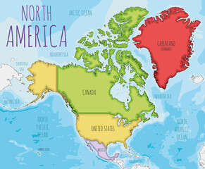 Political North America Map vector illustration with different colors for each country. Editable and clearly labeled layers. - 485829850