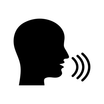 Voice icon. Vector head silhouette with sound waves. Icon for voice recognition, chat, talk, dictation.