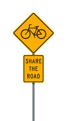 Vector illustration of the Share the road yellow road sign on metallic post