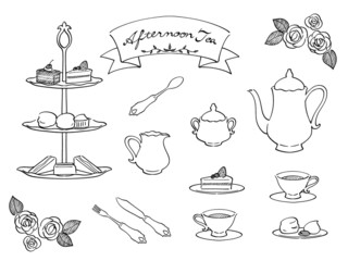 hand drawn afternoon tea set(monochrome)