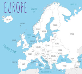 Political Europe Map vector illustration with countries in white color. Editable and clearly labeled layers.