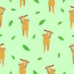 Seamless pattern of sloths hanging on tree branch and green leaves. Pastel green background. Cartoon style. Cute and funny. Summer and spring. For wallpaper, textile, scrapbooking and wrapping paper