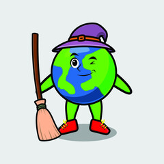 Cute cartoon witch shaped earth mascot with hat and broomstick cute modern stylish design for t-shirt, sticker, logo elements