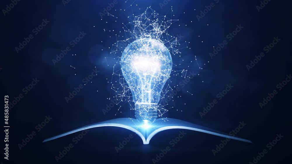 Aufkleber Learning from books or textbooks and the Internet around the world has created new ideas. Slow-moving interconnected polygons surround a glowing electronic light bulb in the center and the book below.