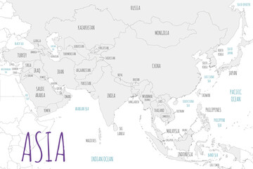 Fototapeta na wymiar Political Asia Map vector illustration isolated in white background. Editable and clearly labeled layers.