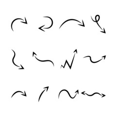 Set of black hand drawn arrow element vector. Collection of doodle arrows, lines, symbol, pointing mark, shapes on white background. Simple icon illustration for education, decoration, map.