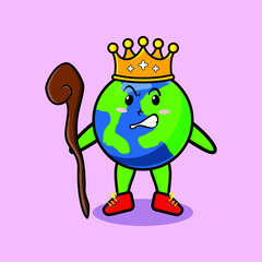 Cute cartoon earth mascot as wise king with golden crown and wooden stick cute modern style design for t-shirt, sticker, logo element