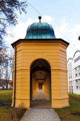 Historical buildings in Hessing Park in Augsburg under blue sky