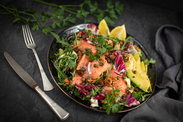 Super Sirtuin salad in a stylish black plate over black background