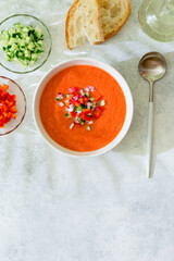 Traditional spanish cold tomato soup of fresh raw vegetables