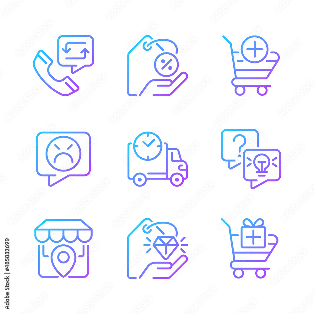 Poster internet shopping features gradient linear vector icons set. customer and client service. product de