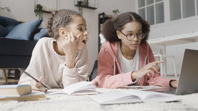 Teenage sisters talking, discussing home task online, studying together at home