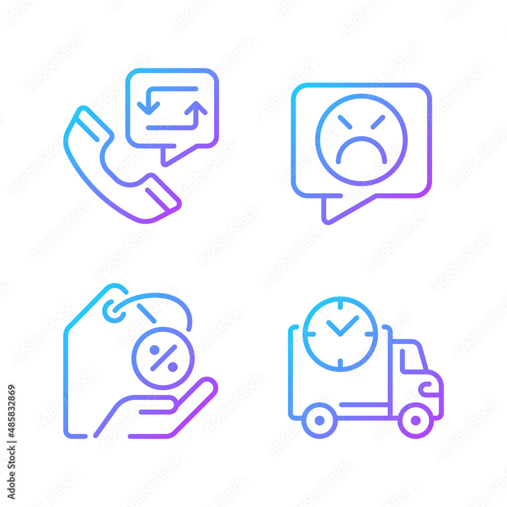 Poster customer help gradient linear vector icons set. electronic commerce service. customer negative revie