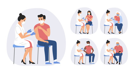 Woman in face mask getting vaccinated against Covid-19 to different people. Vector flat style cartoon illustration - obrazy, fototapety, plakaty