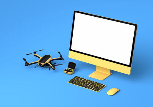 Desktop computer with keyboard, mouse, drone and controller on blue background