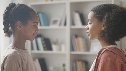 Happy African American girls looking at each other and smiling, teenage friendship, support
